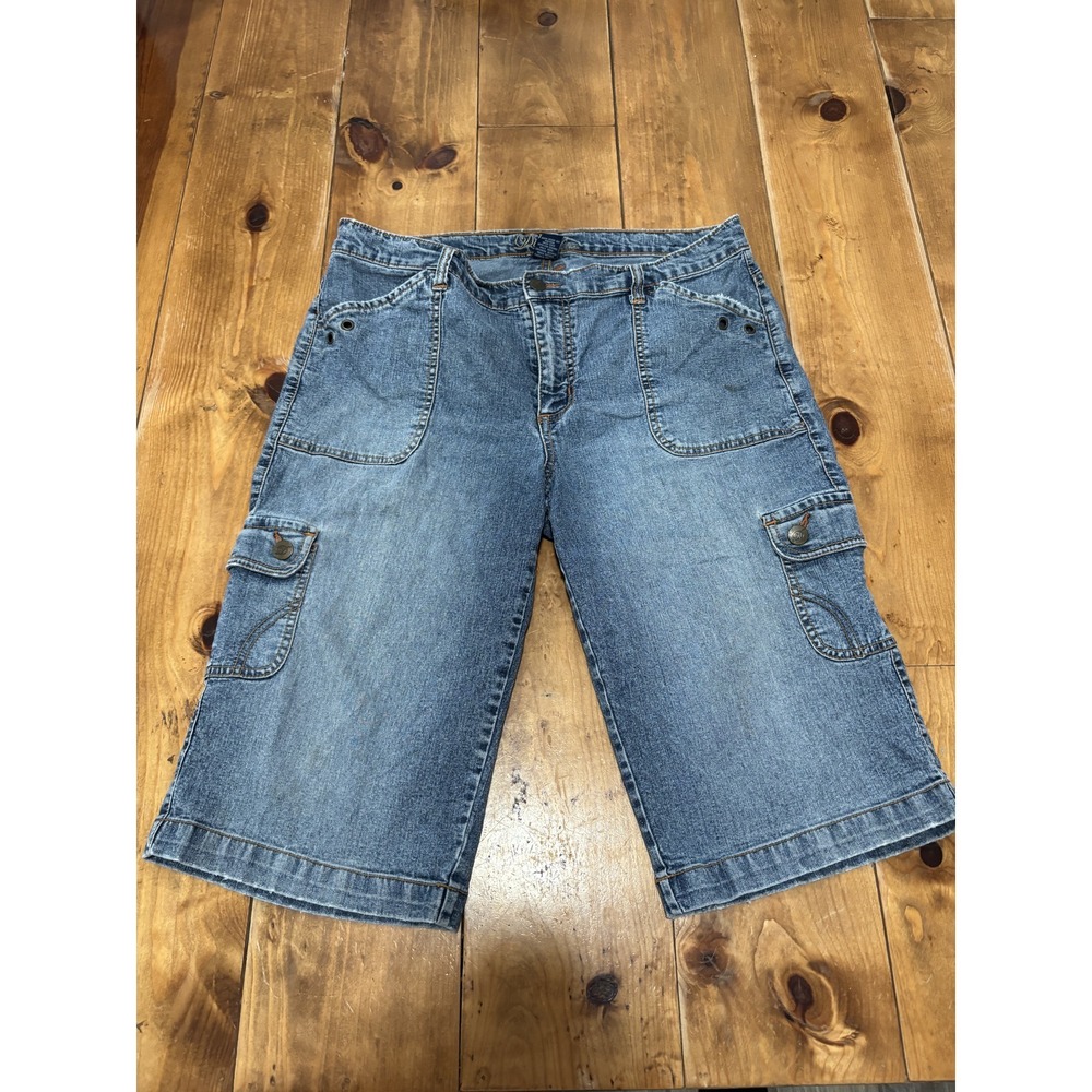 Duplex‎ Women's Blue Denim Cargo Capri Shorts Size 12 Stretch Mid Rise Pockets